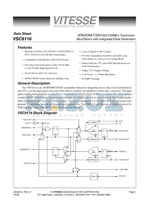 VSC8116QP datasheet - ATM/SONET/SDH 622/155Mb/s Transceiver Mux/Demux with Integrated Clock Generation