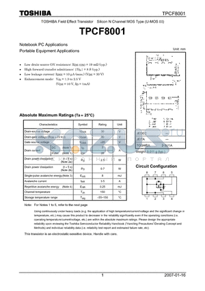 TPCF8001 datasheet - TOSHIBA Field Effect Transistor Silicon N Channel MOS Type (U-MOS III)