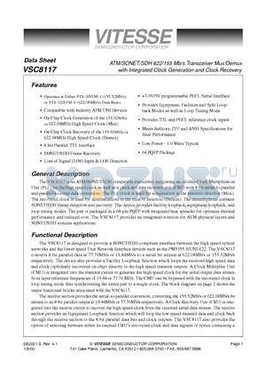 VSC8117QP1 datasheet - ATM/SONET/SDH 622/155 Mb/s Transceiver Mux/Demux with Integrated Clock Generation and Clock Recovery