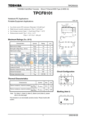 TPCF8101 datasheet - TOSHIBA Field Effect Transistor Silicon P Channel MOS Type (U-MOS III)