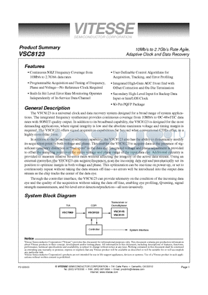 VSC8123 datasheet - 10Mb/s to 2.7Gb/s Rate Agile, Adaptive Clock and Data Recovery