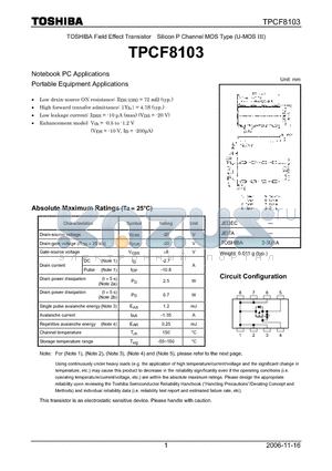TPCF8103 datasheet - TOSHIBA Field Effect Transistor Silicon P Channel MOS Type (U-MOS III)