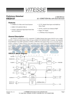 VSC8131 datasheet - 2.488 Gbit/sec 32:1 SONET/SDH Mux with Clock Generator