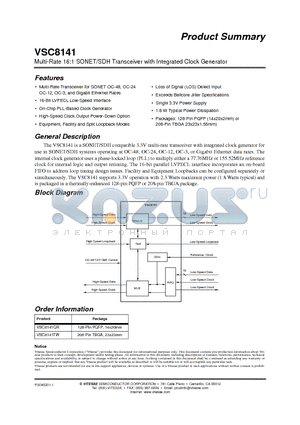 VSC8141 datasheet - Multi-Rate 16:1 SONET/SDH Transceiver with Integrated Clock Generator