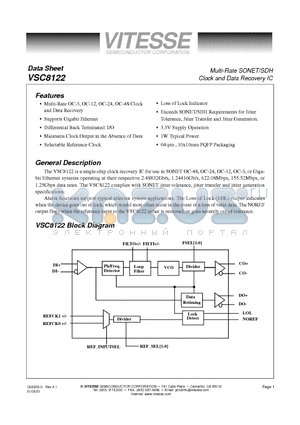 VSC8122QP datasheet - Multi-Rate SONET/SDH Clock and Data Recovery IC