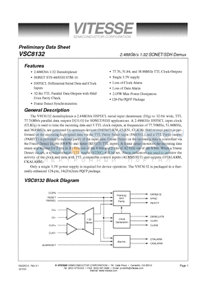 VSC8132QR datasheet - 2.488Gb/s 1:32 SONET/SDH Demux