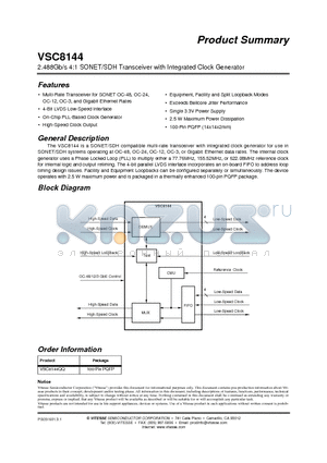 VSC8144QQ datasheet - 2.488Gb/s 4:1 SONET/SDH Transceiver with Integrated Clock Generator