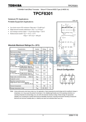 TPCF8301 datasheet - TOSHIBA Field Effect Transistor Silicon P Channel MOS Type (U-MOS III)