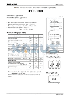 TPCF8303 datasheet - TOSHIBA Field Effect Transistor Silicon P Channel MOS Type (U-MOS IV)