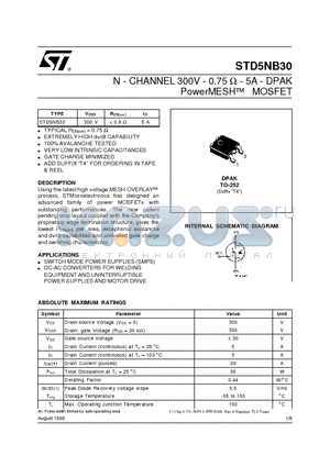 STD5NB30 datasheet - N - CHANNEL 300V - 0.75 ohm - 5A - DPAK PowerMESH  MOSFET