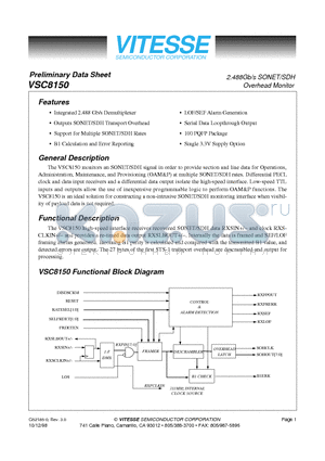 VSC8150 datasheet - 2.488Gb/s SONET/SDH Overhead Monitor