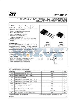 STD5NE10 datasheet - N - CHANNEL 100V - 0.32 ohm - 5A TO-251/TO-252 STripFET] POWER MOSFET