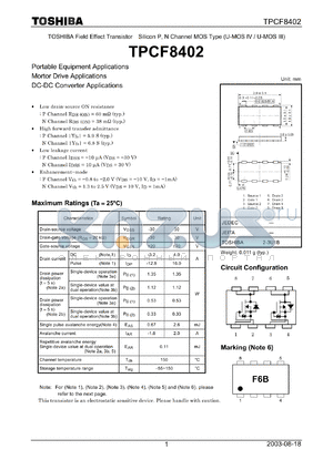 TPCF8402 datasheet - TOSHIBA Field Effect Transistor Silicon P, N Channel MOS Type (U-MOS IV / U-MOS III)