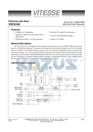 VSC8163QR datasheet - OC-48 16:1 SONET/SDH MUX with Clock Generator
