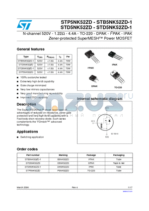 STD5NK52ZD datasheet - N-channel 520V - 1.22Y - 4.4A - TO-220 - DPAK - I2PAK - IPAK Zener-protected SuperMESH Power MOSFET