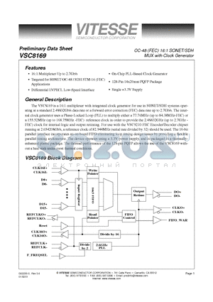 VSC8169QR datasheet - OC-48 (FEC) 16:1 SONET/SDH MUX with Clock Generator