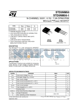 STD5NM50-1 datasheet - N-CHANNEL 500V - 0.7ohm - 7.5A DPAK/IPAK MDmeshPower MOSFET