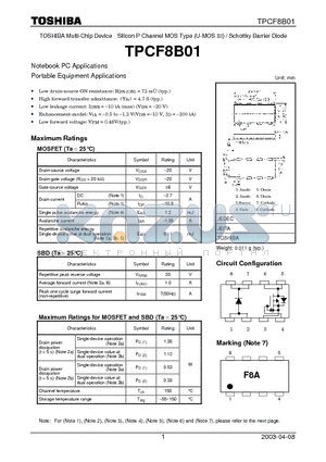 TPCF8B01 datasheet - TOSHIBA Multi-Chip Device Silicon P Channel MOS Type (U-MOS III) / Schottky Barrier Diode