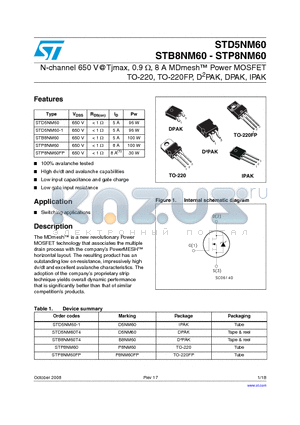 STD5NM60T4 datasheet - N-channel 650 V@Tjmax, 0.9 Y, 8 A MDmesh Power MOSFET TO-220, TO-220FP, D2PAK, DPAK, IPAK