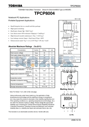 TPCP8004 datasheet - Field Effect Transistor Silicon N Channel MOS Type (U-MOS)