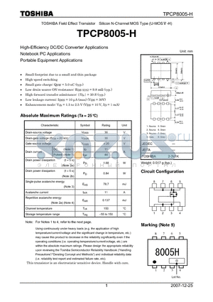 TPCP8005-H datasheet - High-Effciency DC/DC Converter Applications Notebook PC Applications Portable Equipment Applications