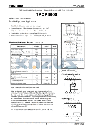 TPCP8006 datasheet - Notebook PC Applications Portable Equipment Applications