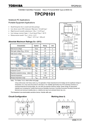 TPCP8101 datasheet - TOSHIBA Field Effect Transistor Silicon P-Channel MOS Type (U-MOS III)