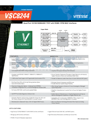 VSC8244 datasheet - Quad Port 10/100/1000BASE-T PHY with RGMII / RTBI MAC Interfaces