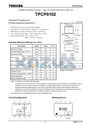 TPCP8102 datasheet - TOSHIBA Field Effect Transistor Silicon P-Channel MOS Type (U-MOS )