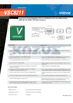 VSC8211 datasheet - Single Port 10/100/1000BASE-T PHY and 1000BASE-X PHY with SGMII, SerDes, GMII, MII, TBI, RGMII / RTBI MAC Interfaces