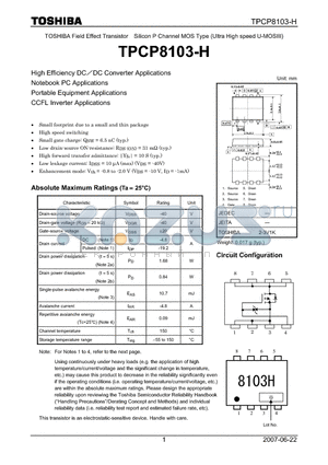 TPCP8103-H datasheet - TOSHIBA Field Effect Transistor Silicon P Channel MOS Type (Ultra High speed U-MOSIII)