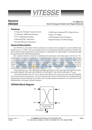 VSC835 datasheet - 34x34 Crosspoint Switch with Signal Detection