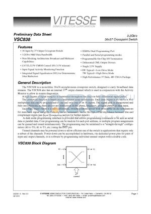 VSC838UG datasheet - 3.2Gb/s 36x37 Crosspoint Switch