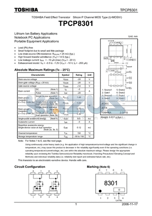 TPCP8301 datasheet - TOSHIBA Field Effect Transistor Silicon P Channel MOS Type (U-MOS)