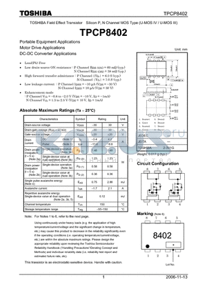 TPCP8402 datasheet - TOSHIBA Field Effect Transistor Silicon P, N Channel MOS Type (U-MOS IV / U-MOS III)