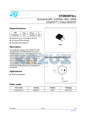 STD60NF3LL datasheet - N-channel 30V - 0.0075Y - 60A - DPAK STripFET II Power MOSFET