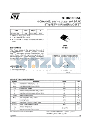 STD60NF55L datasheet - N-CHANNEL 55V - 0.012ohm - 60A DPAK STripFET II POWER MOSFET