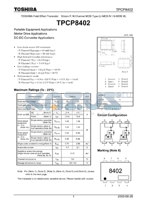 TPCP8402 datasheet - TOSHIBA Field Effect Transistor Silicon P, N Channel MOS Type (U-MOS IV / U-MOS III)