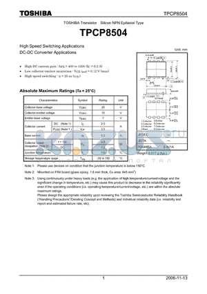 TPCP8504 datasheet - TOSHIBA Transistor Silicon NPN Epitaxial Type