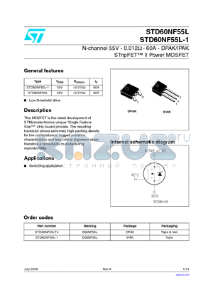 STD60NF55L datasheet - N-channel 55V - 0.012Y - 60A - DPAK/IPAK STripFET II Power MOSFET