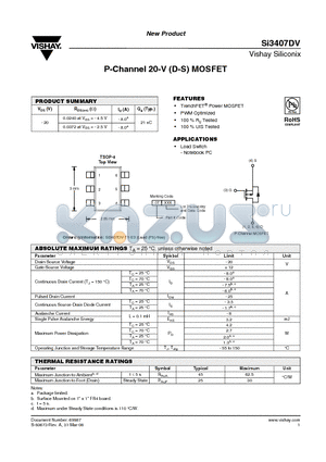 SI3407DV-T1-E3 datasheet - P-Channel 20-V (D-S) MOSFET