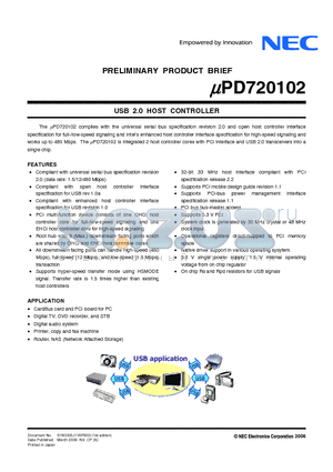 UPD720102 datasheet - PRELIMINARY PRODUCT BRIEF, USB 2.0 HOST CONTROLLER
