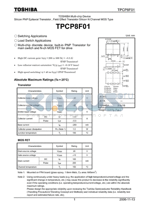 TPCP8F01 datasheet - TOSHIBA Multi-chip Device Silicon PNP Epitaxial Transistor , Field Effect Transistor Silicon N Channel MOS Type
