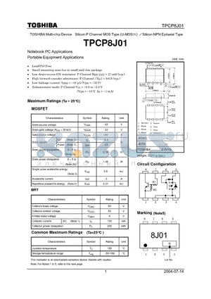 TPCP8J01 datasheet - TOSHIBA Multi-chip Device Silicon P Channel MOS Type (U-MOSIV) /Silicon NPN Epitaxial Type