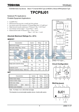 TPCP8J01 datasheet - TOSHIBA Multi-chip Device Silicon P Channel MOS Type (U-MOSIV) /Silicon NPN Epitaxial Type