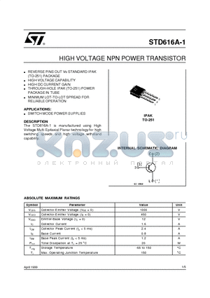 STD616A-1 datasheet - HIGH VOLTAGE NPN POWER TRANSISTOR