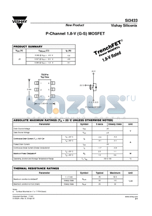 SI3433 datasheet - P-Channel 1.8-V (G-S) MOSFET