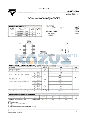 SI3433CDV-T1-E3 datasheet - P-Channel 20-V (D-S) MOSFET