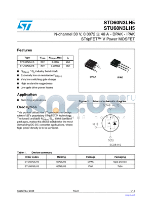 STD60N3LH5 datasheet - N-channel 30 V, 0.0072 Y, 48 A - DPAK - IPAK STripFET V Power MOSFET