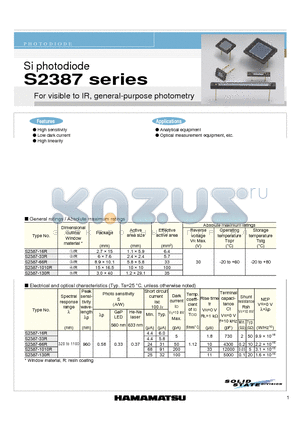 S2387-16R datasheet - Si photodiode For visible to IR, general-purpose photometry